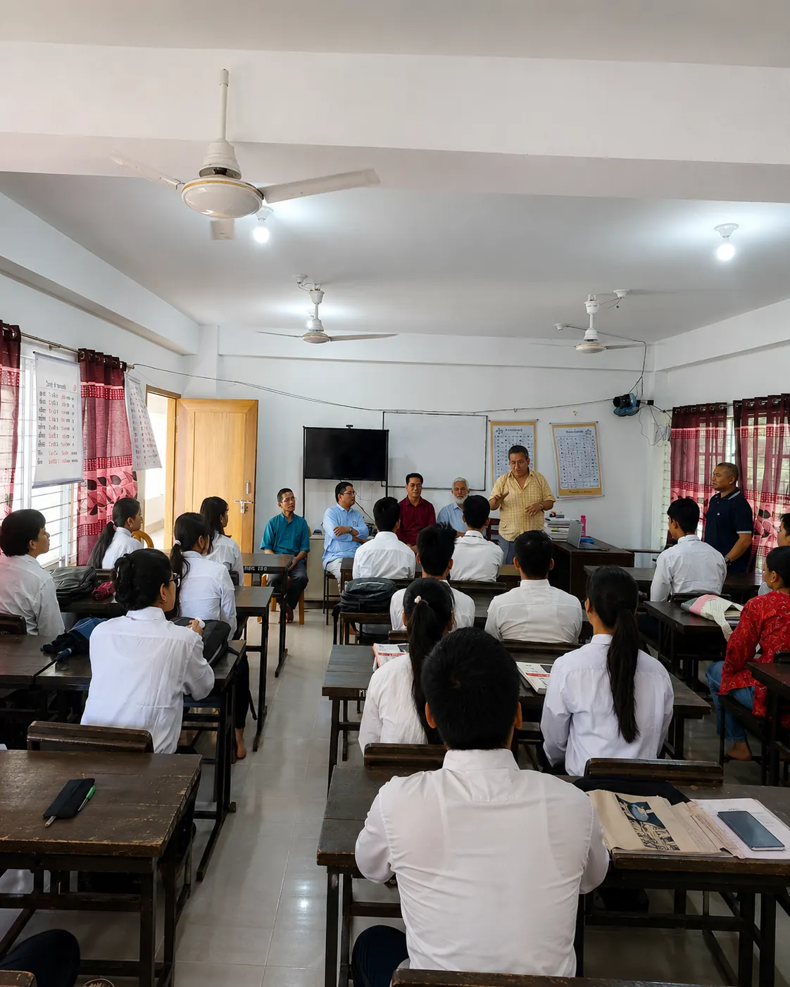 Discussion at the front of a consultation room in Rangamati